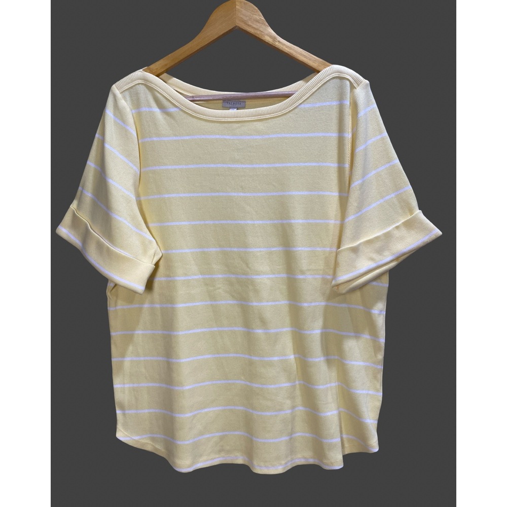 NWT Talbots Plus Size 2X Yellow Striped Ribbed Boat Neck Cuff Sleeve T-Shirt